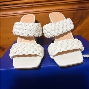 Wild Diva White Braided Block Heel Mule Sandals Size 8 Square Toe Bottega Style